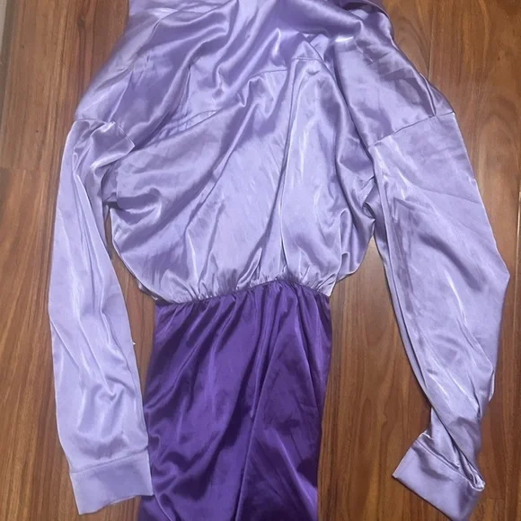 Stylish Purple lavender color block Satin-feel long sleeve Dress - Picture 7 of 7